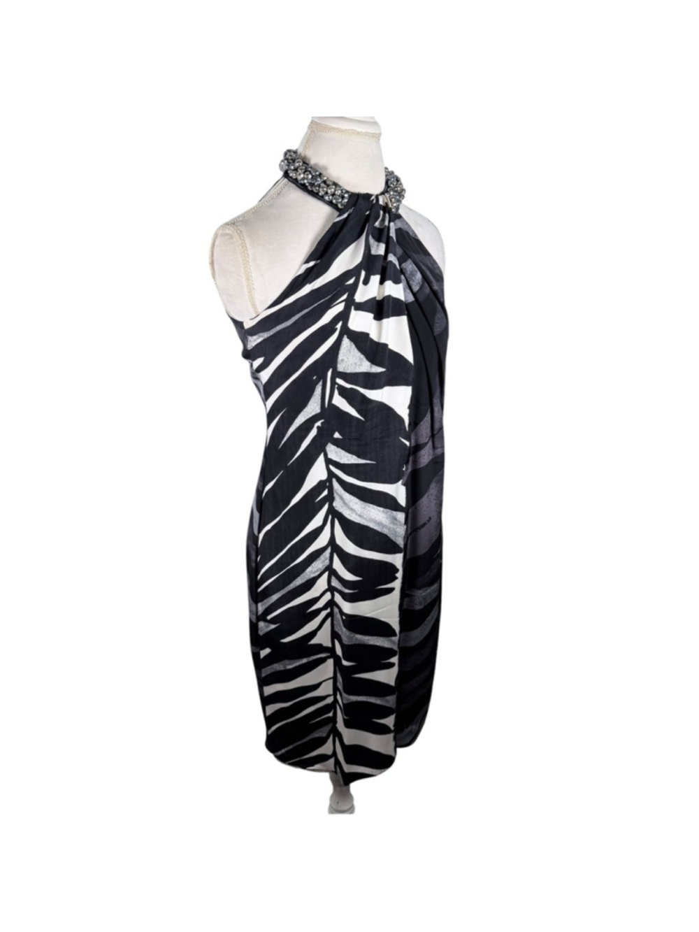 Carmen Marc Valvo Bead Halter Silk Dress Tropical Print Evening Cocktail Size 10 - Picture 5 of 12